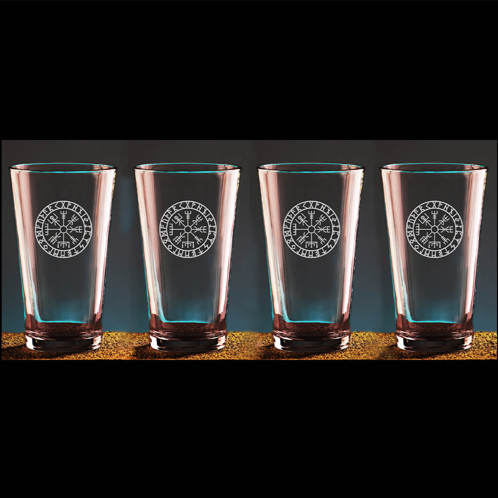 Etched Ale Glass - Viking Protection Shield - Set of 4