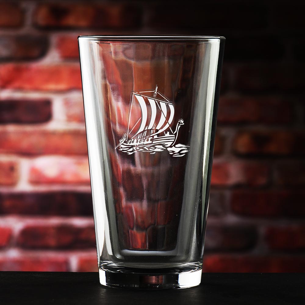 Etched Viking Ship Ale Glasses, Set of 4