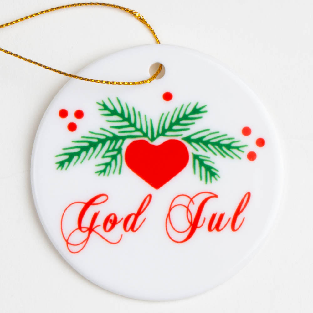 Handcrafted Porcelain Ornament - God Jul Heart & Pines