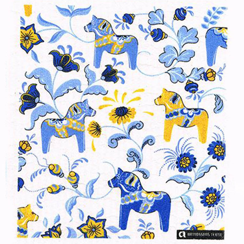 Dishcloth - Multi Dala Horses, blue & yellow