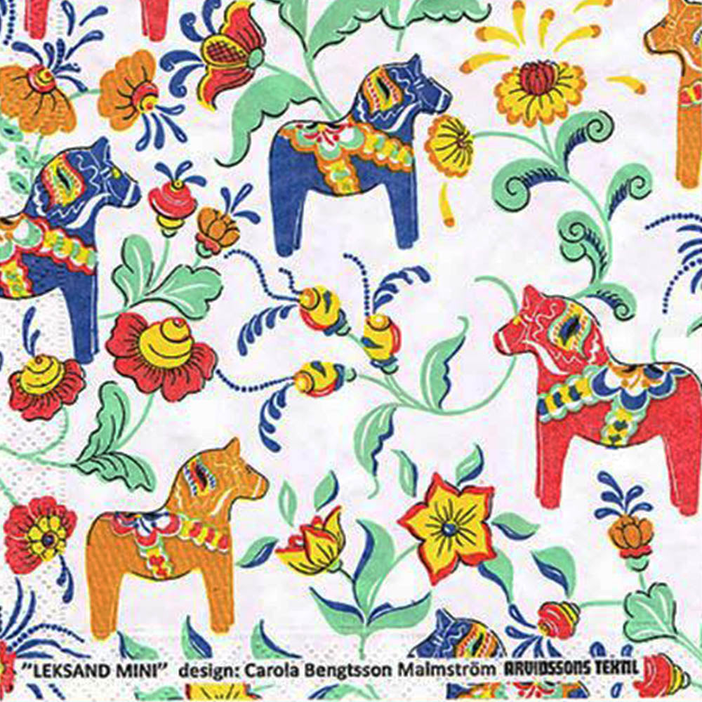 Lunch Napkin - Multi Dala Horses, white